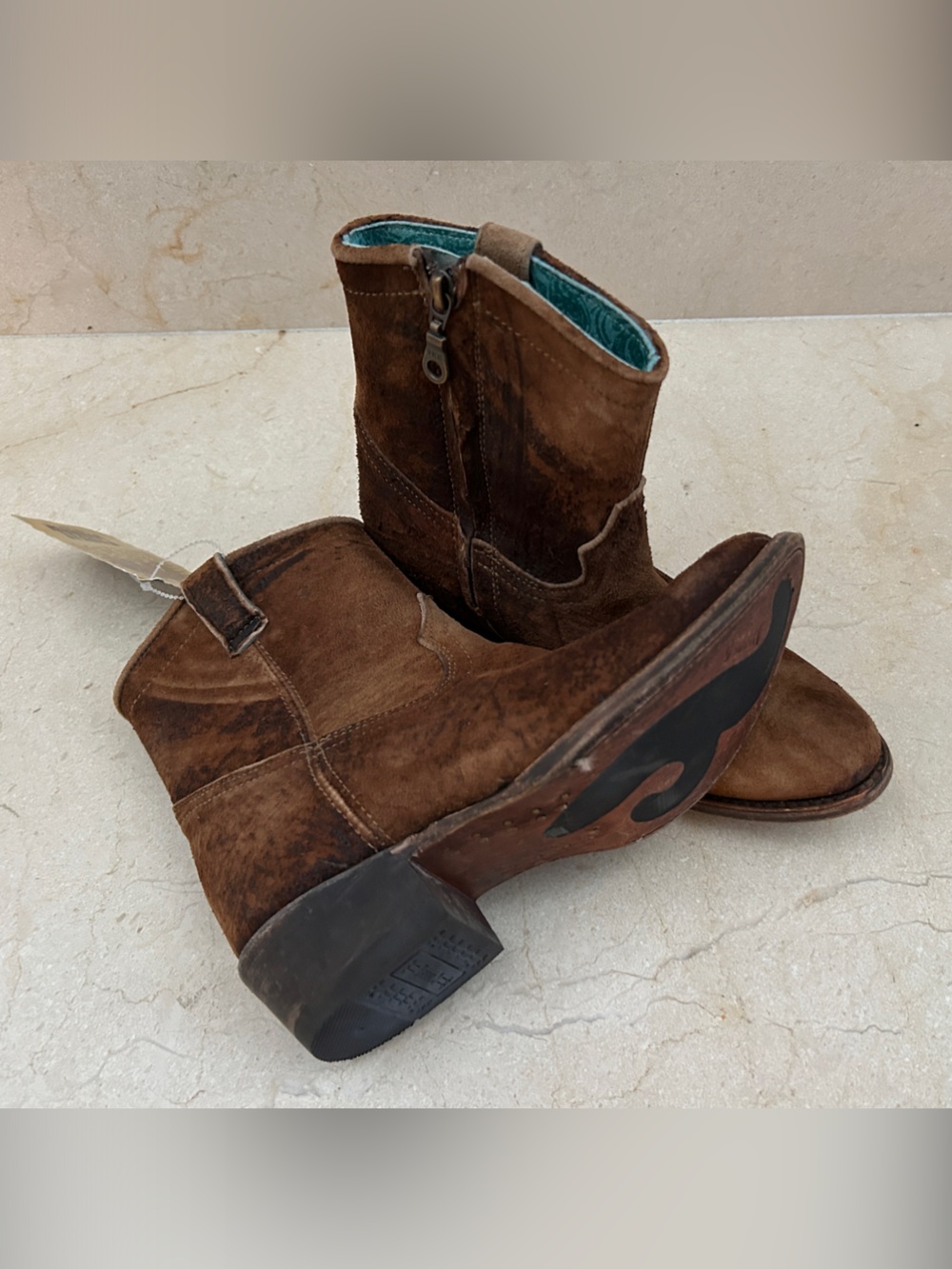 Corral Brown Suede Women's Cowboy Boots with Teal Lining - Picture 2 of 4